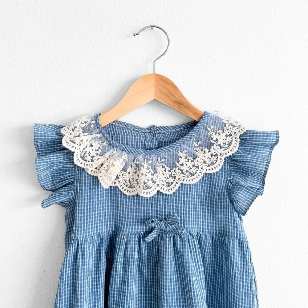NWT Pretty Girls Embroidered Lace Ruffled Collar Dress Checkered Blue & White 2T